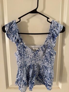 Hollister Blue & White Floral Smocked Peplum Camisole